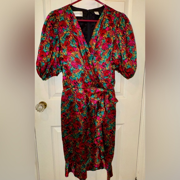Vintage Nipon Boutique Silk Wrap-Style, Jewel-Tone Floral/Paisley Dress, size 6 - Picture 2 of 13